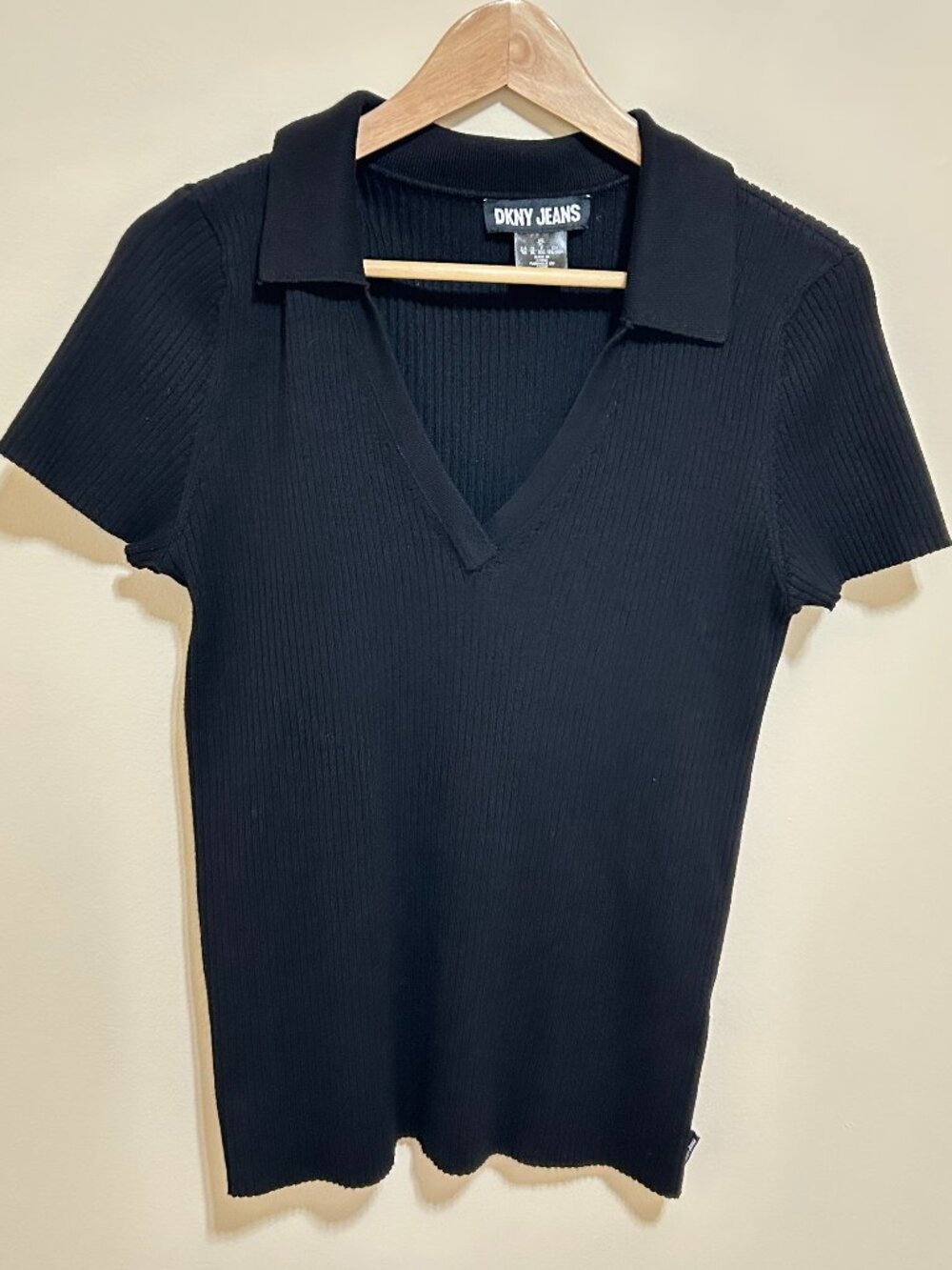 DKNY Jeans Collared V-Neck Short Sleeve Sweater Black Size XL